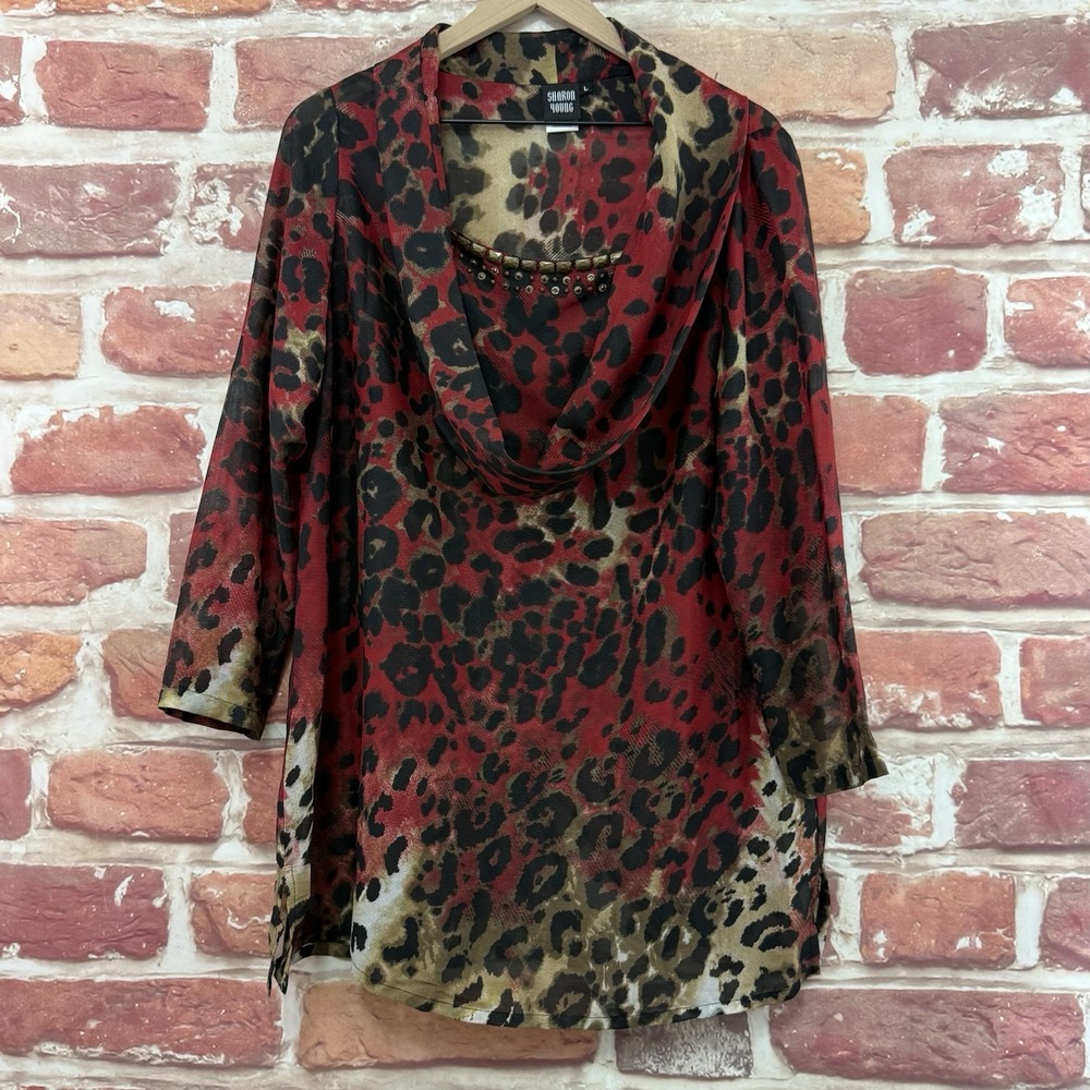 Sharon Young Top Women's Large Red Animal Beaded Cowl Neck Casual Tunic Shirt